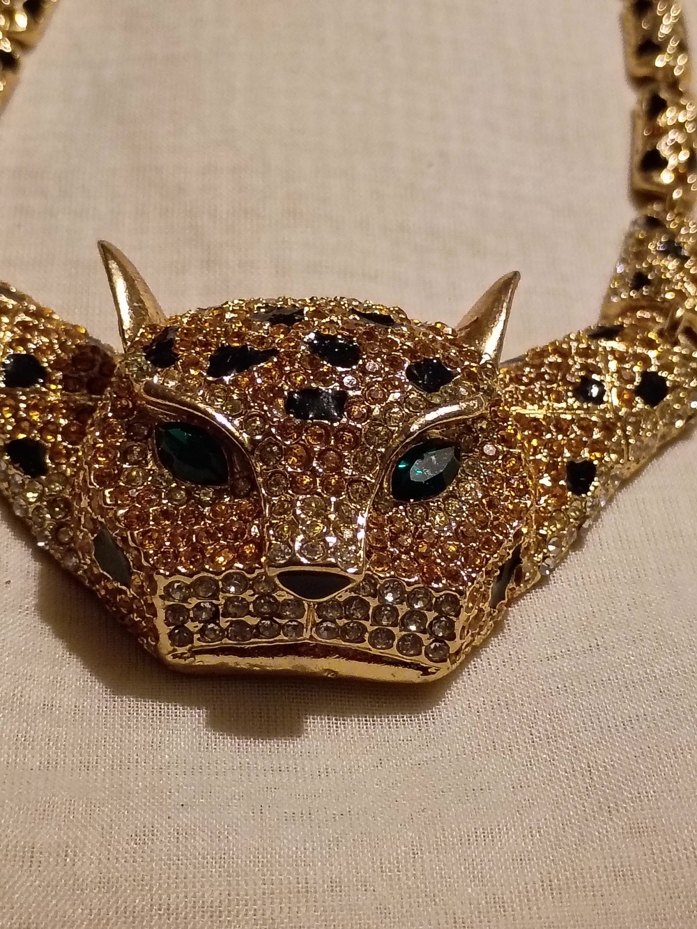 Gold Leopard Head Statement Necklace with Green Eyes
